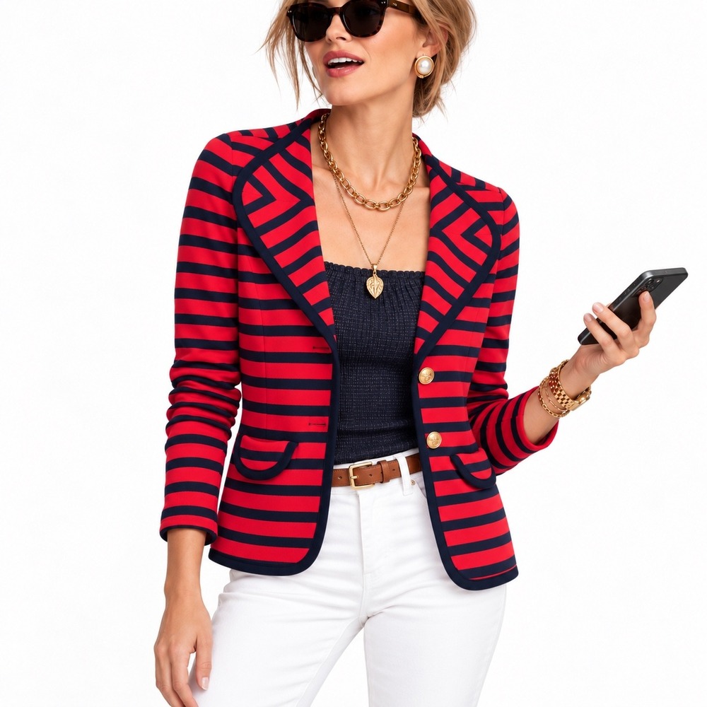 CAbi Yacht Club Nautical Striped Knit Blazer Gold Anchor Buttons M